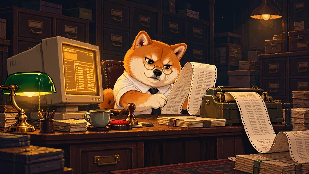 Hanko at an amber terminal, reading a long printout of figures